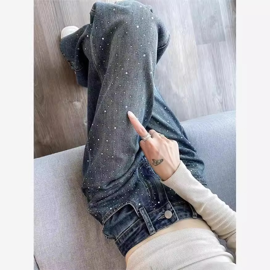 烫钻窄版阔腿牛仔裤女2026新款早春高腰宽松设计感高街直筒拖地裤