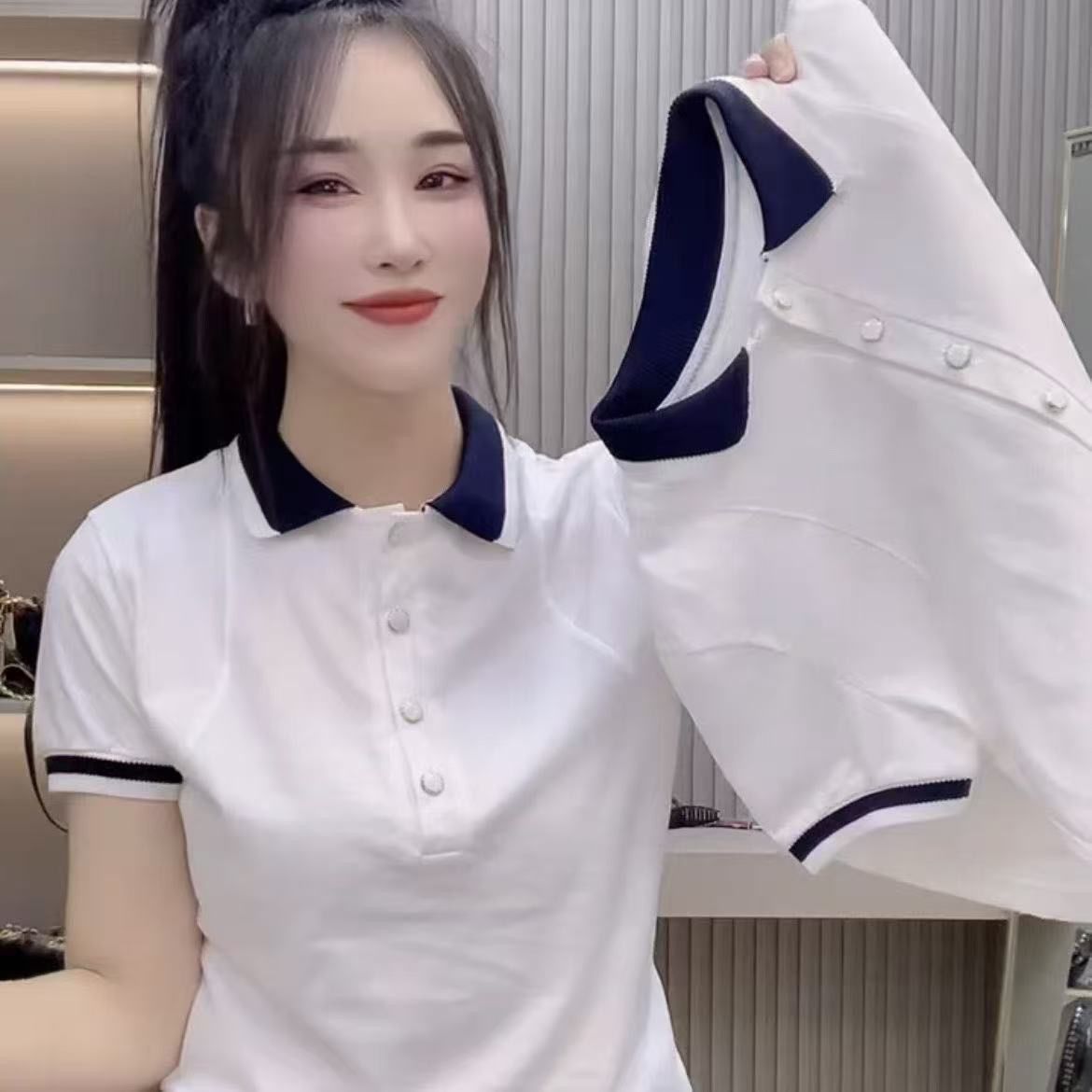 POLO翻领正肩短袖T恤女夏季新款拼接撞色欧洲站时尚百搭半袖上衣