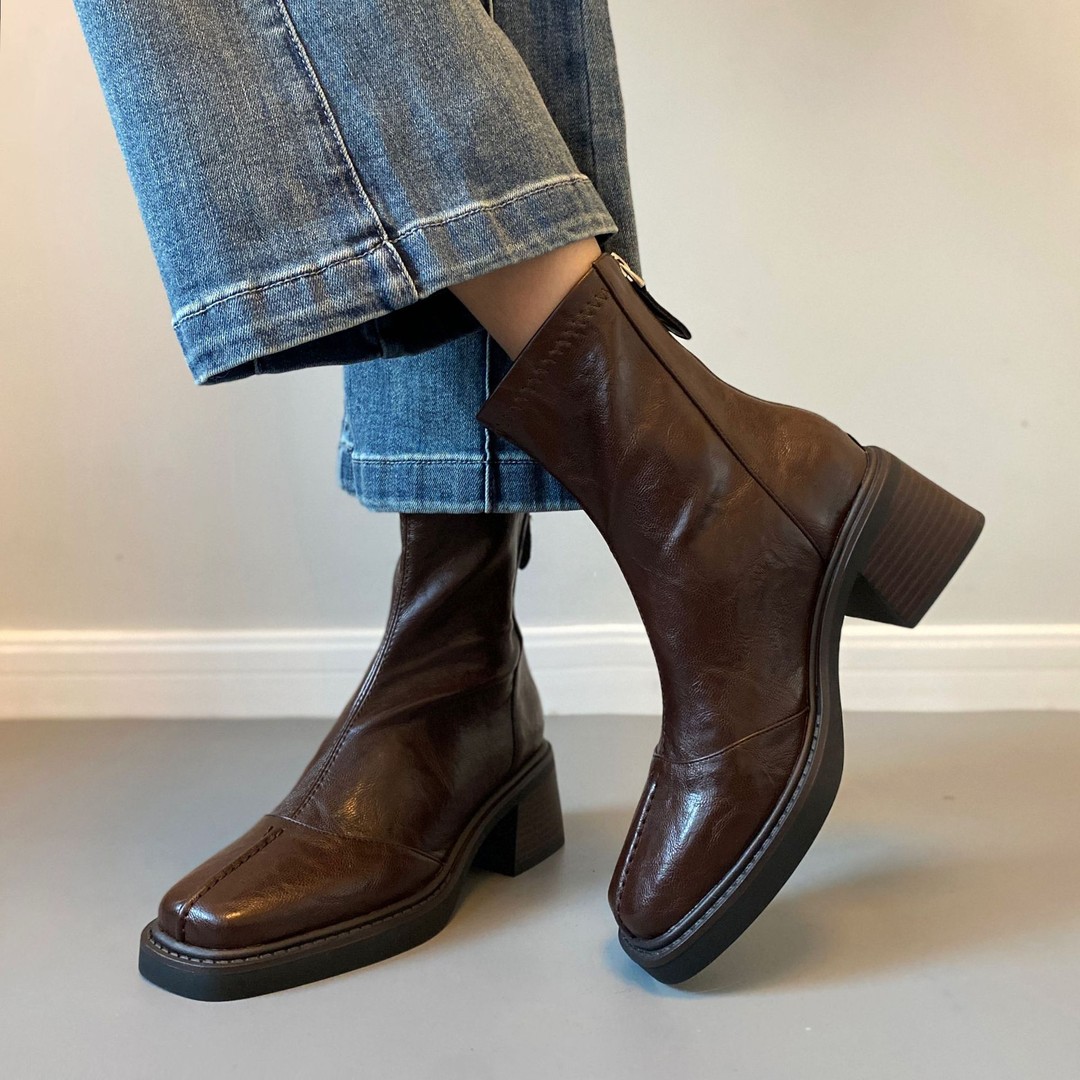 羊皮~方头短靴女复古马丁靴切尔西法式高跟鞋秋冬新款靴子瘦瘦靴