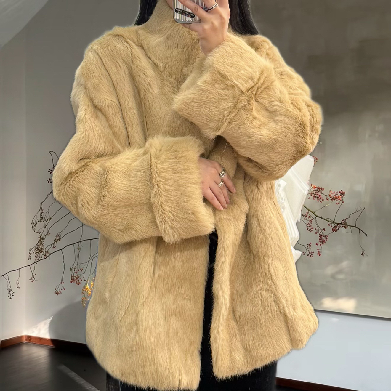 NJ力推实体店线下店品质兔毛外套重工冬季保暖抗风