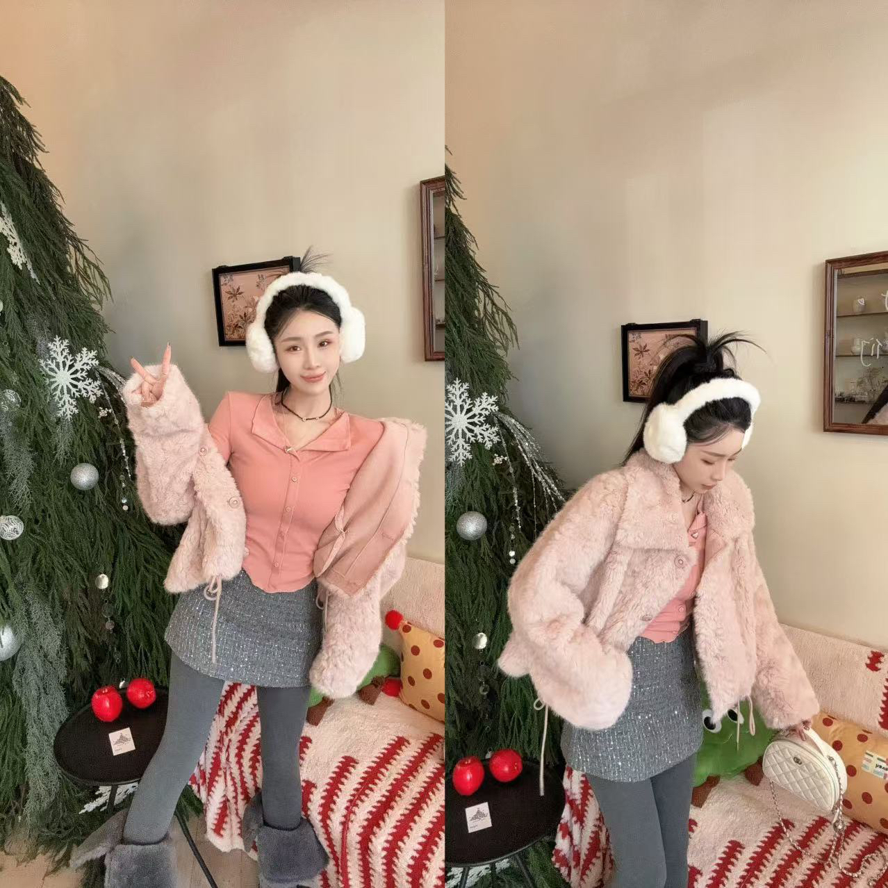 LIN-【甜桃雪绒】粉蕾丝假两件T➕灰色亮片裙裤➕粉毛毛外套