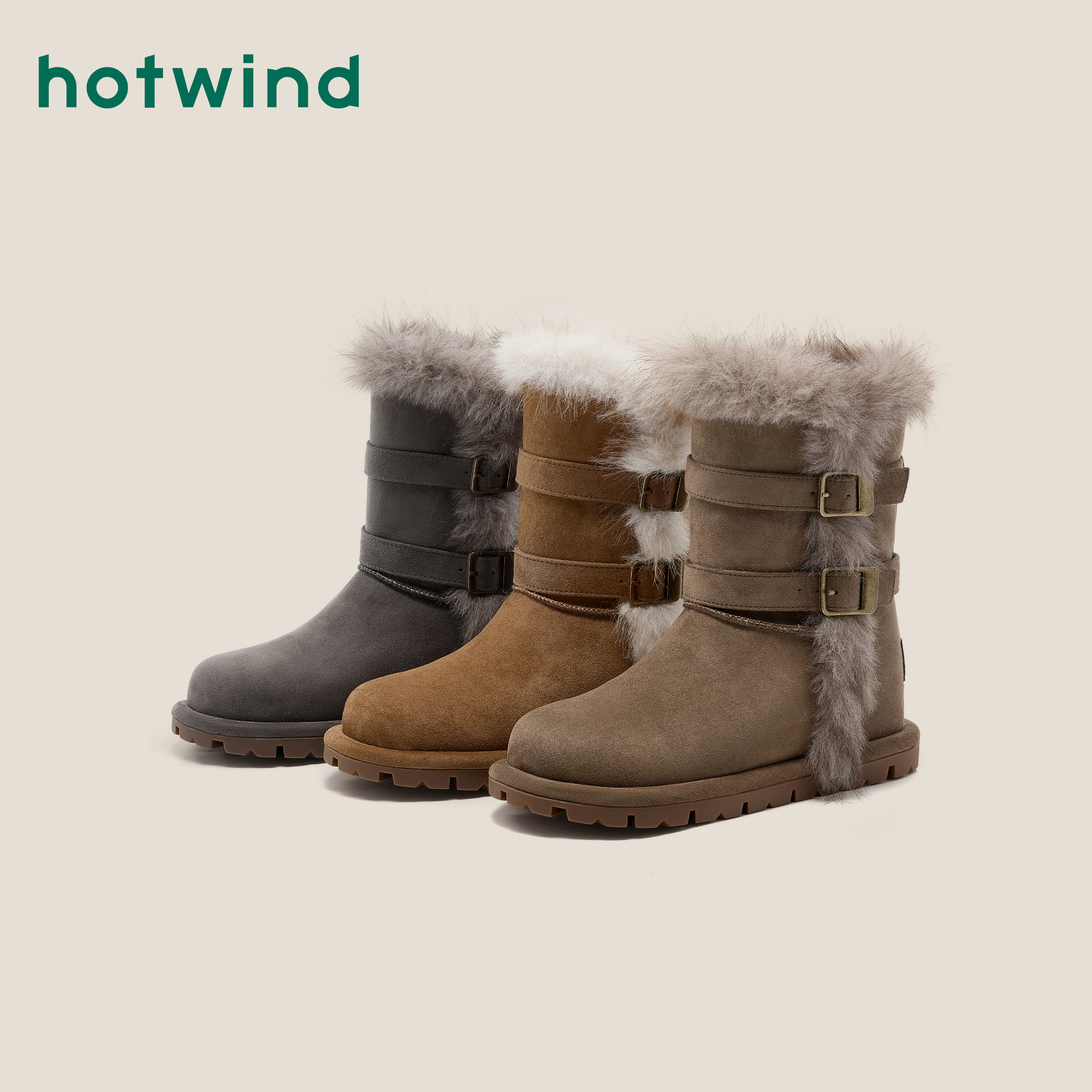 Hotwind/热风2025冬季新款复古高筒雪地靴加绒保暖韩系搭扣棉靴女