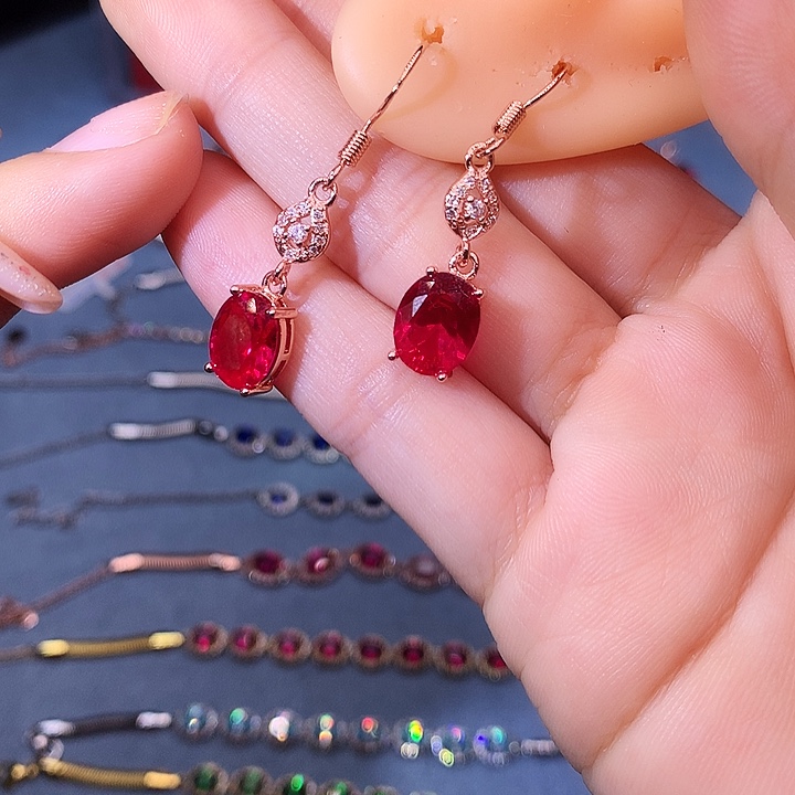 红宝石耳饰银S925镶嵌