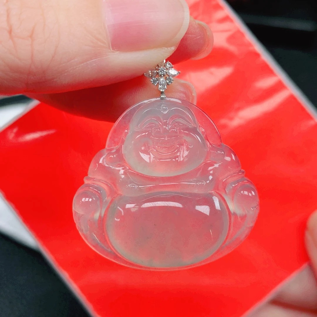 天然A货翡翠18K金镶嵌冰种佛公吊坠(不含链)