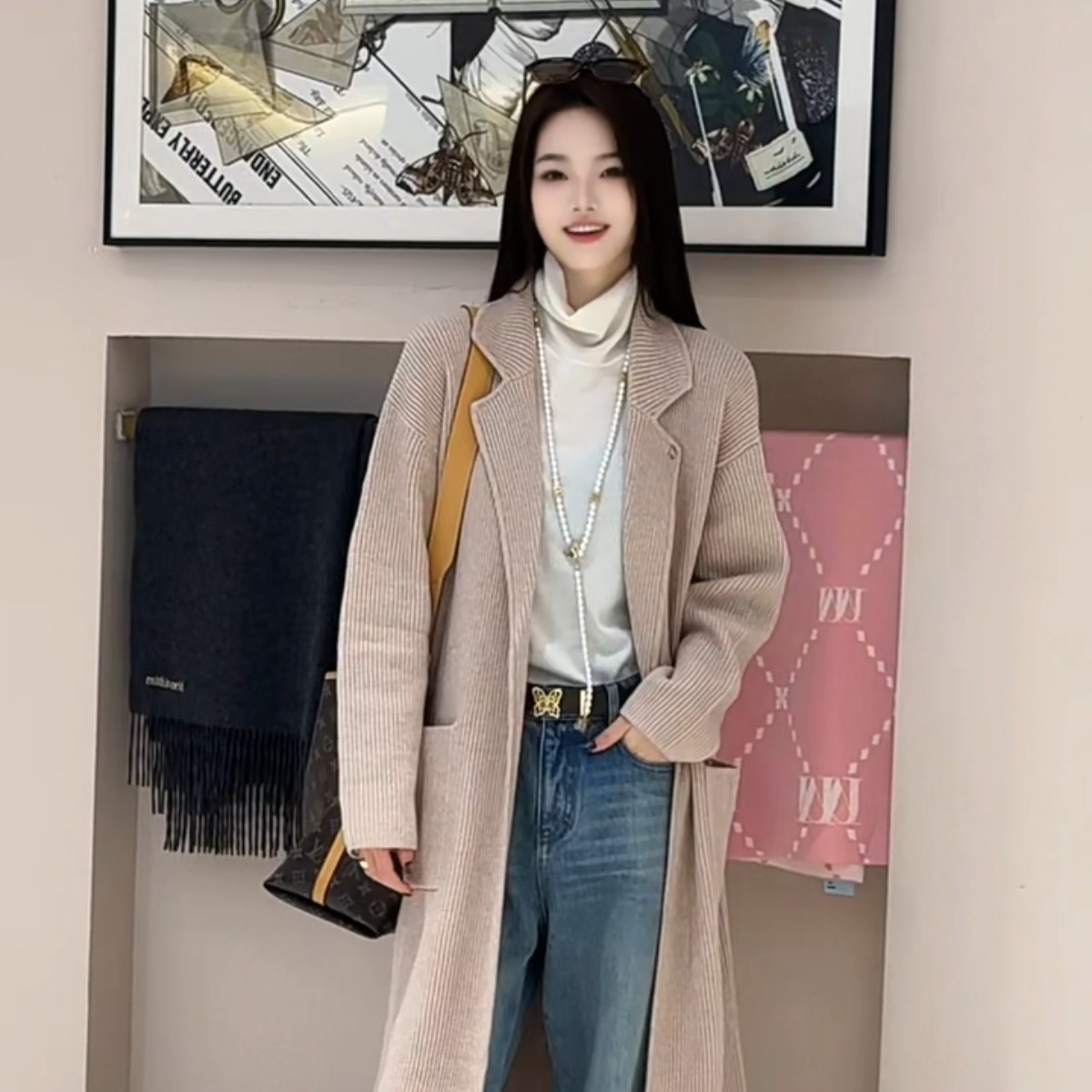 裸粉色澳毛长针织开衫