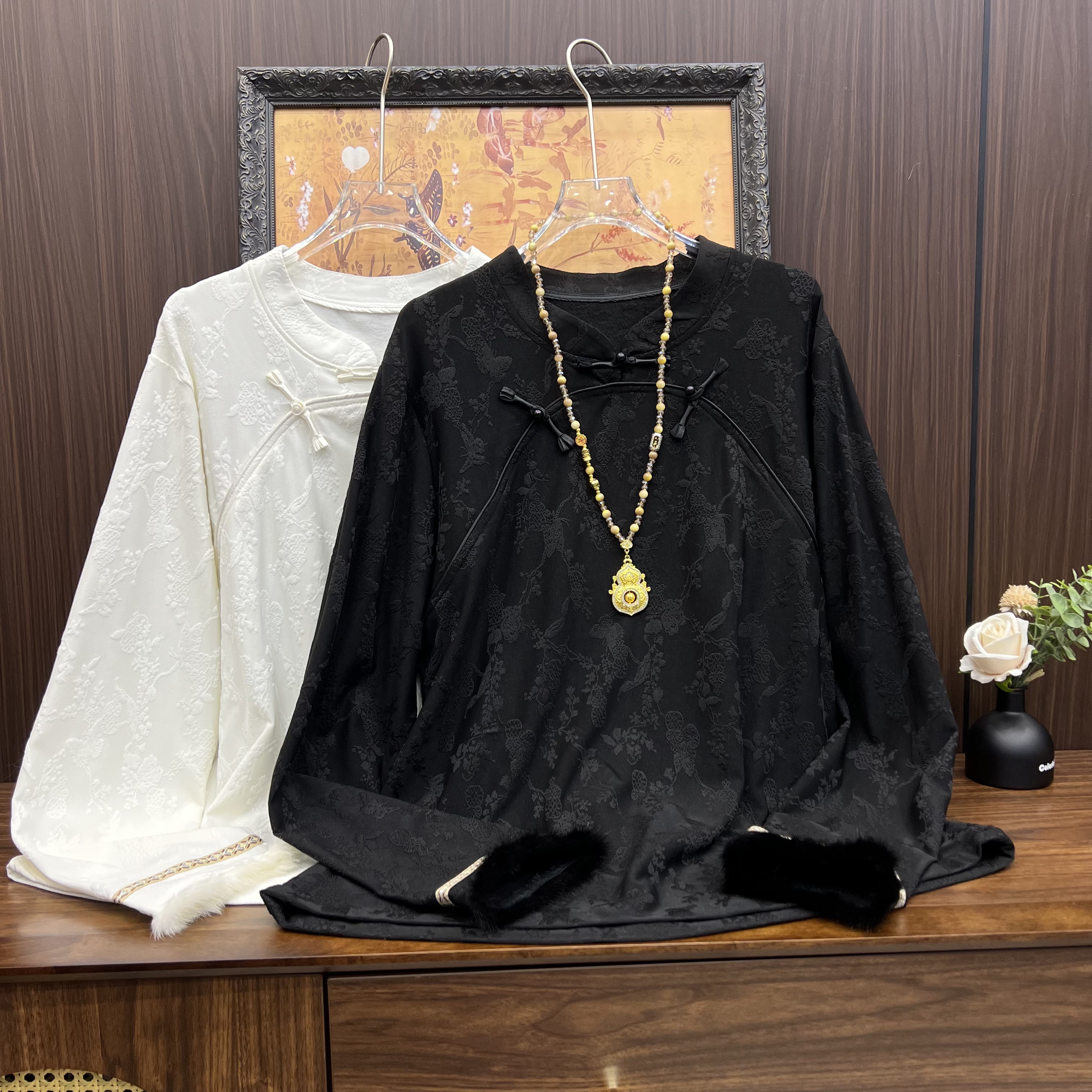 2025秋冬季新款大码女装新中式休闲T恤纯色网红拼接极简风