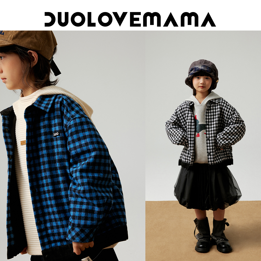 DUOLOVEMAMA 彩点格纹百搭儿童外套男女童牛仔拼接宽松衬衫夹克