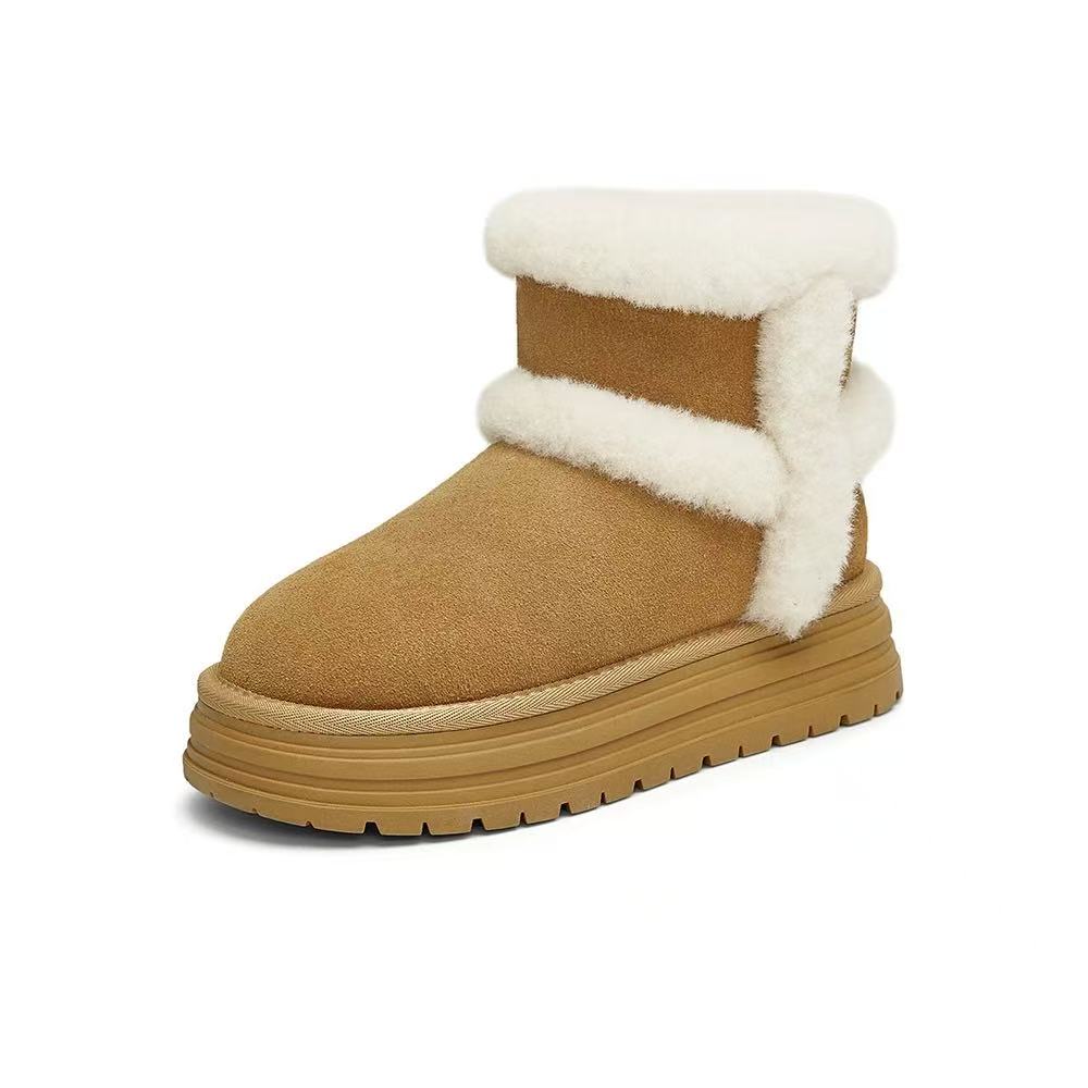 C2429 驼色 冬季厚底圆头女士高帮保暖雪地靴