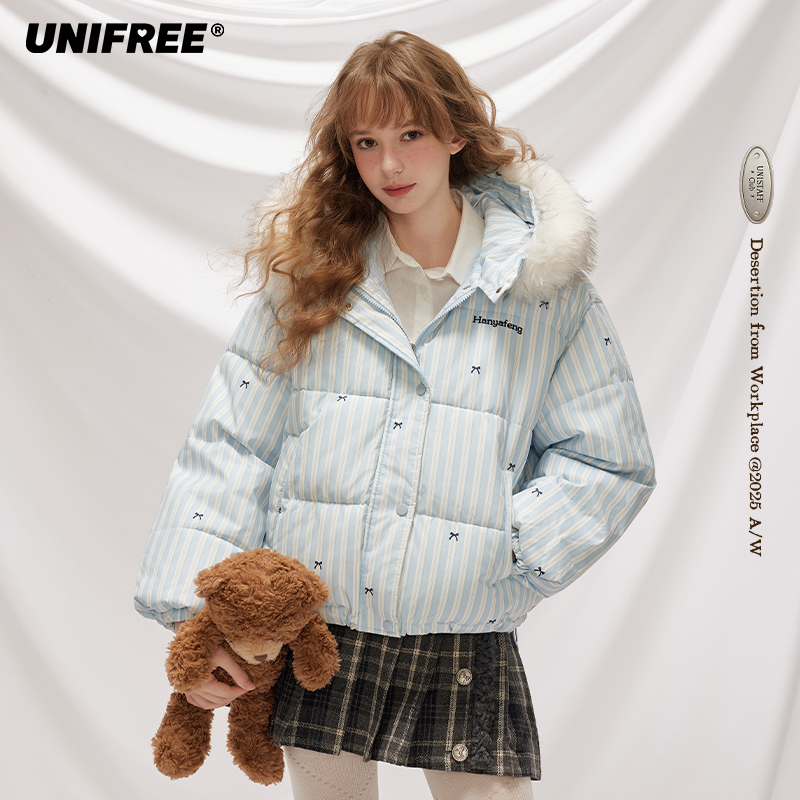 UNIFREE甜美风棉服女冬季新款条纹蝴蝶结防风保暖加厚不臃肿外套