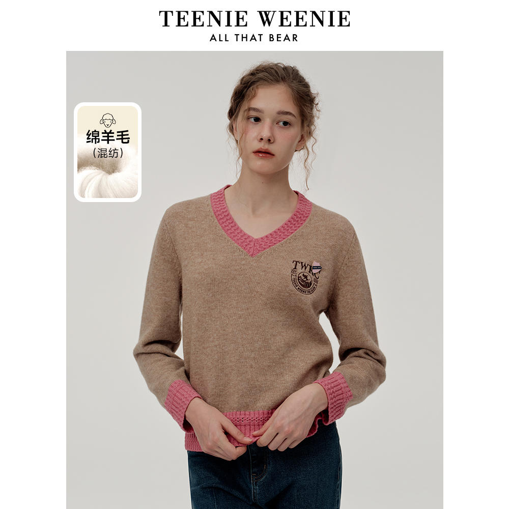 TeenieWeenie小熊2024年冬季新款V领撞色混纺针织衫女TTKW248C61N