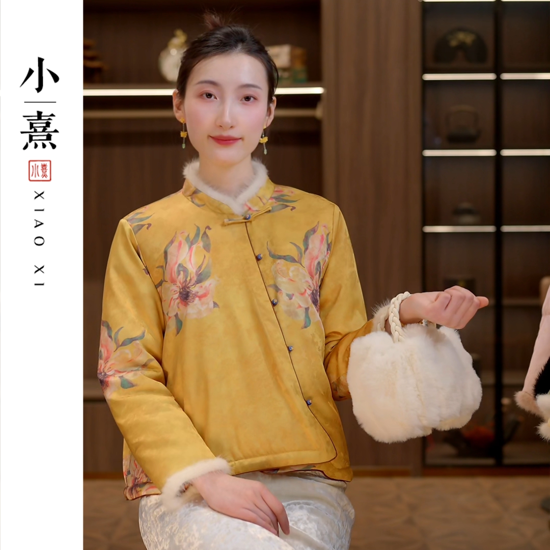 【锦棠】2025新款新中式上衣女宽松气质国风显瘦加棉加厚水貂毛外套