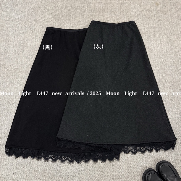 MOON（9MOL447#）慵懒别致 蕾丝拼接加绒松紧腰半身裙