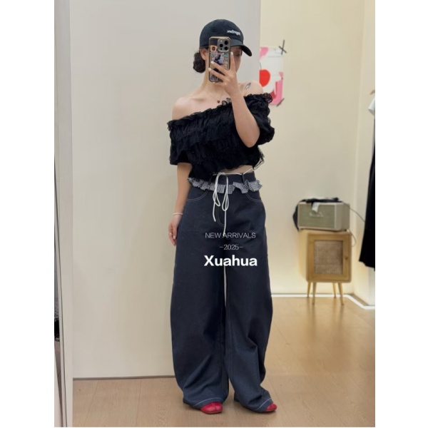 花边拼接牛仔裤女2025夏季宽松洋气休闲阔腿裤