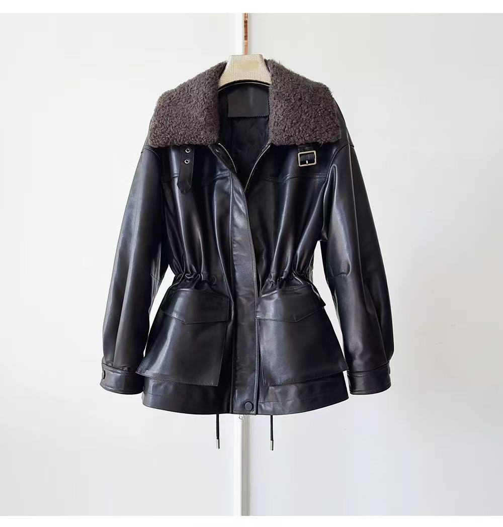 海宁羽绒服真皮白鸭绒皮衣女翻领宽松型冬季中长款时尚夹克收腰