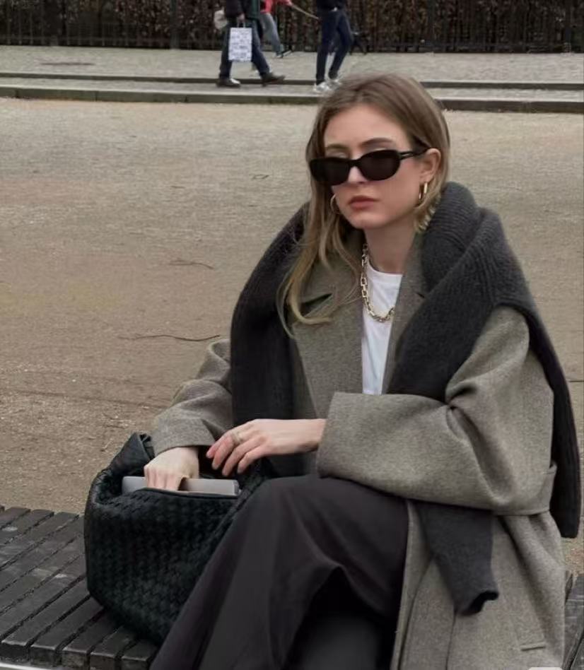 300-360双面呢长袖外套秋冬羊毛呢翻领大衣韩版宽松加厚慵懒风