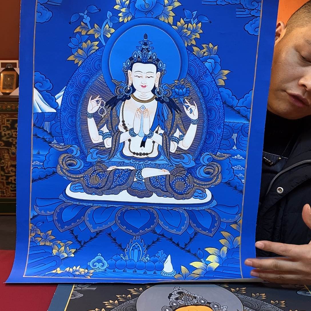 装裱画40×60蓝唐四臂观音