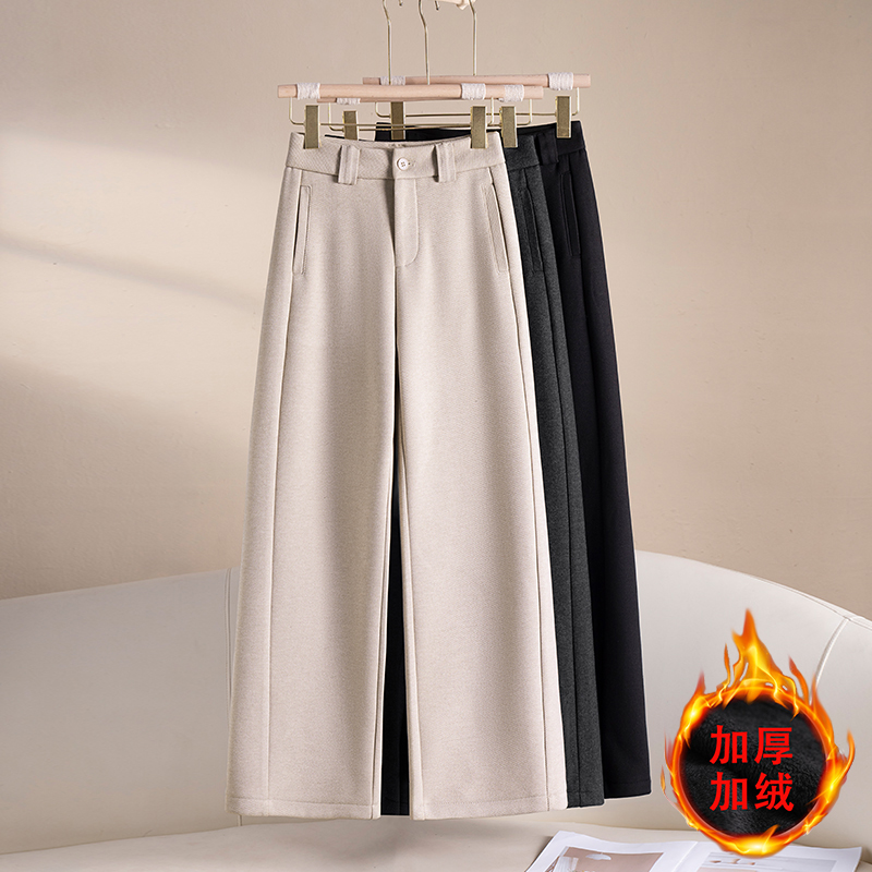 升级版加绒加厚毛呢直筒裤女款2025秋冬新款显瘦保暖窄版休闲裤子