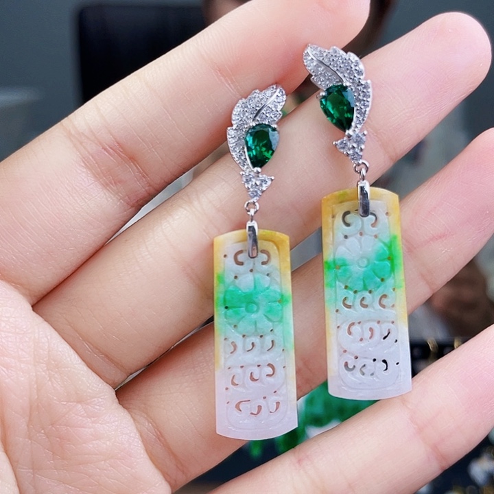 翡翠耳饰银S925镶嵌饰品