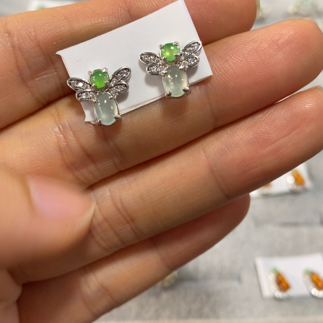 翡翠银S925镶嵌耳饰耳钉