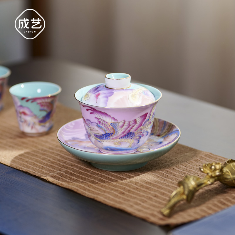 凤凰松石绿地三才盖碗珐琅彩手工描金中式国潮泡茶碗功夫茶具