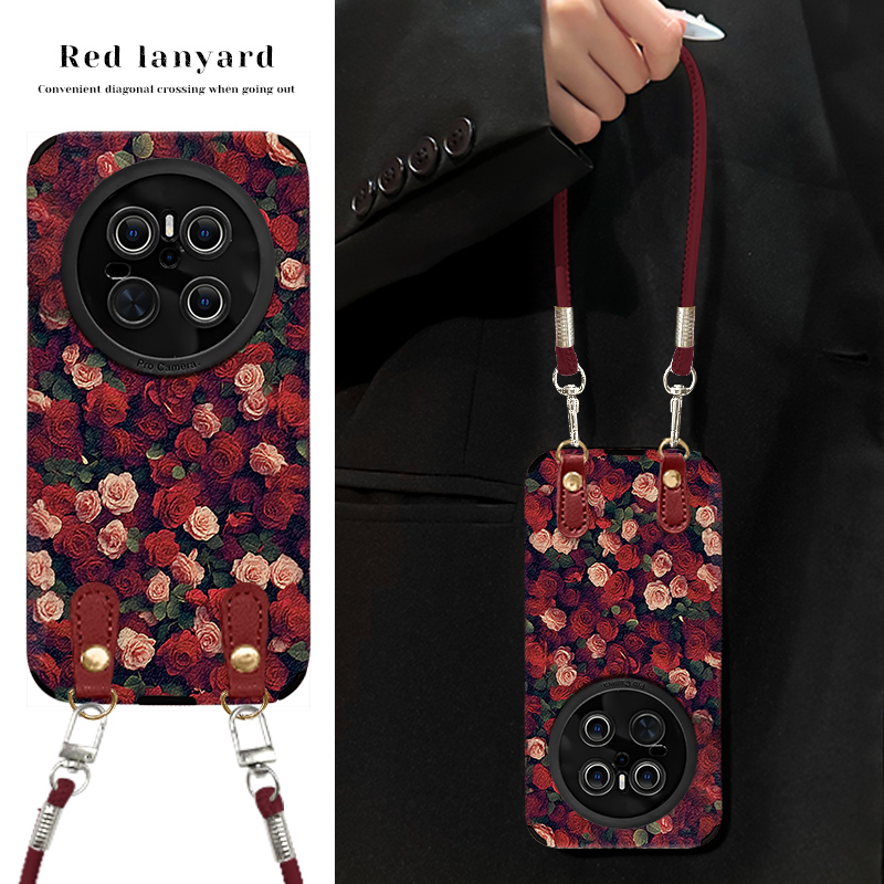 满屏红玫瑰适用华为MATE70/60/50/40/30瞳眼羊皮挂绳手机壳女防摔