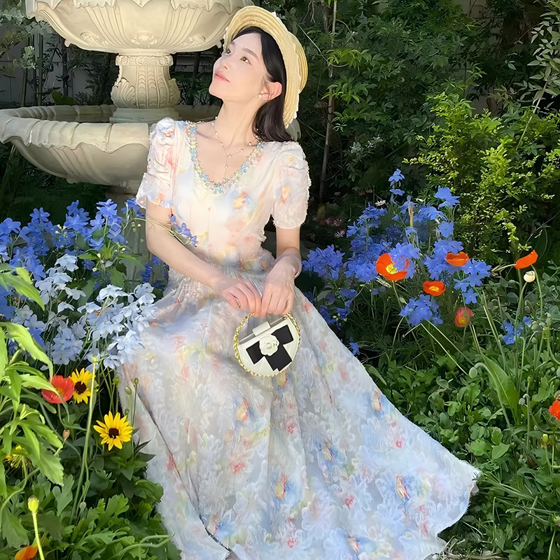 【北北】【有里布】夏装长裙收腰新款高级夏季短袖法式连衣裙D1525