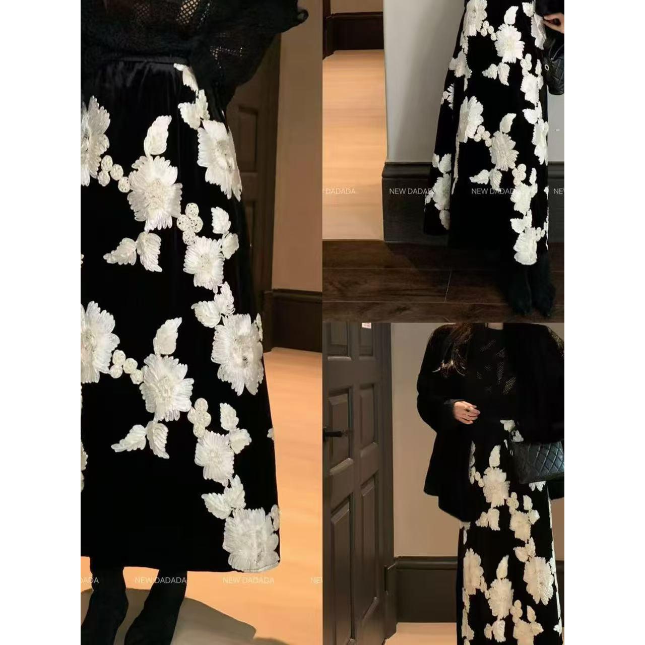 法式优雅刺绣花朵丝绒半身裙小众设计感长裙女时尚秋冬百搭A字裙