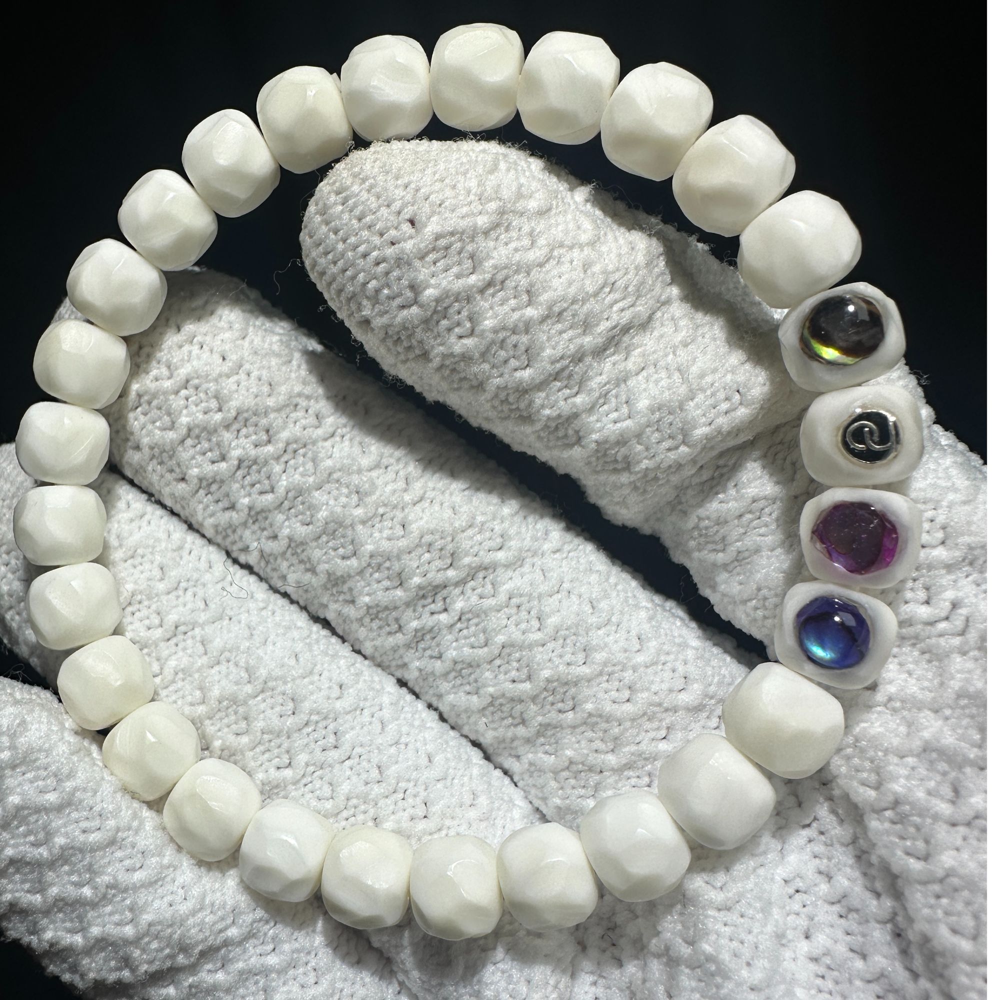 仟语文玩白玉菩提单圈8mm-手工无相-鲍贝镶嵌百搭精工男女同款