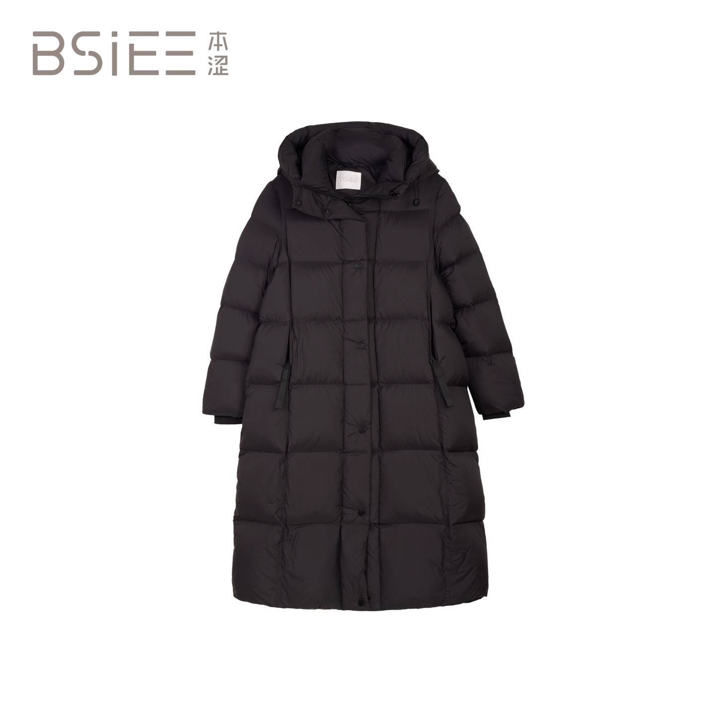 BSIEE/本涩H型保暖收腰连帽长款羽绒服