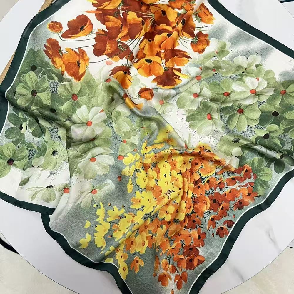 WJ777【四色花开】丽锦缎小方巾70x70女士春秋时尚大气丝巾围巾
