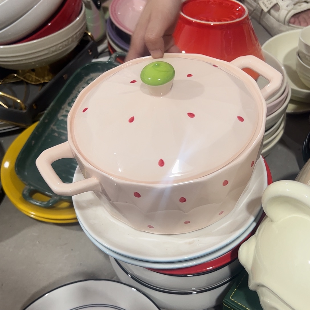 瓷片草莓带盖大碗正品