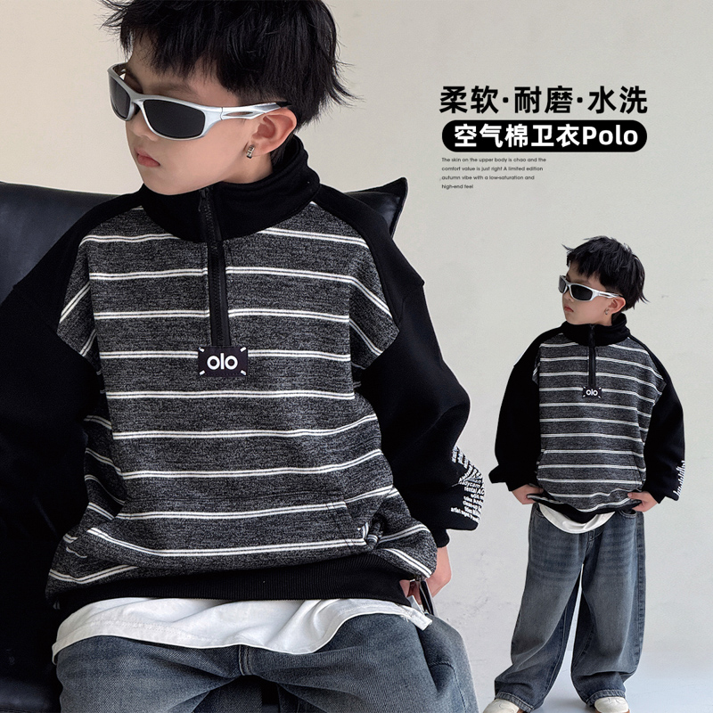 KN25A46 男童秋冬季条纹半拉链卫衣儿童立领加绒保暖上衣中大童潮