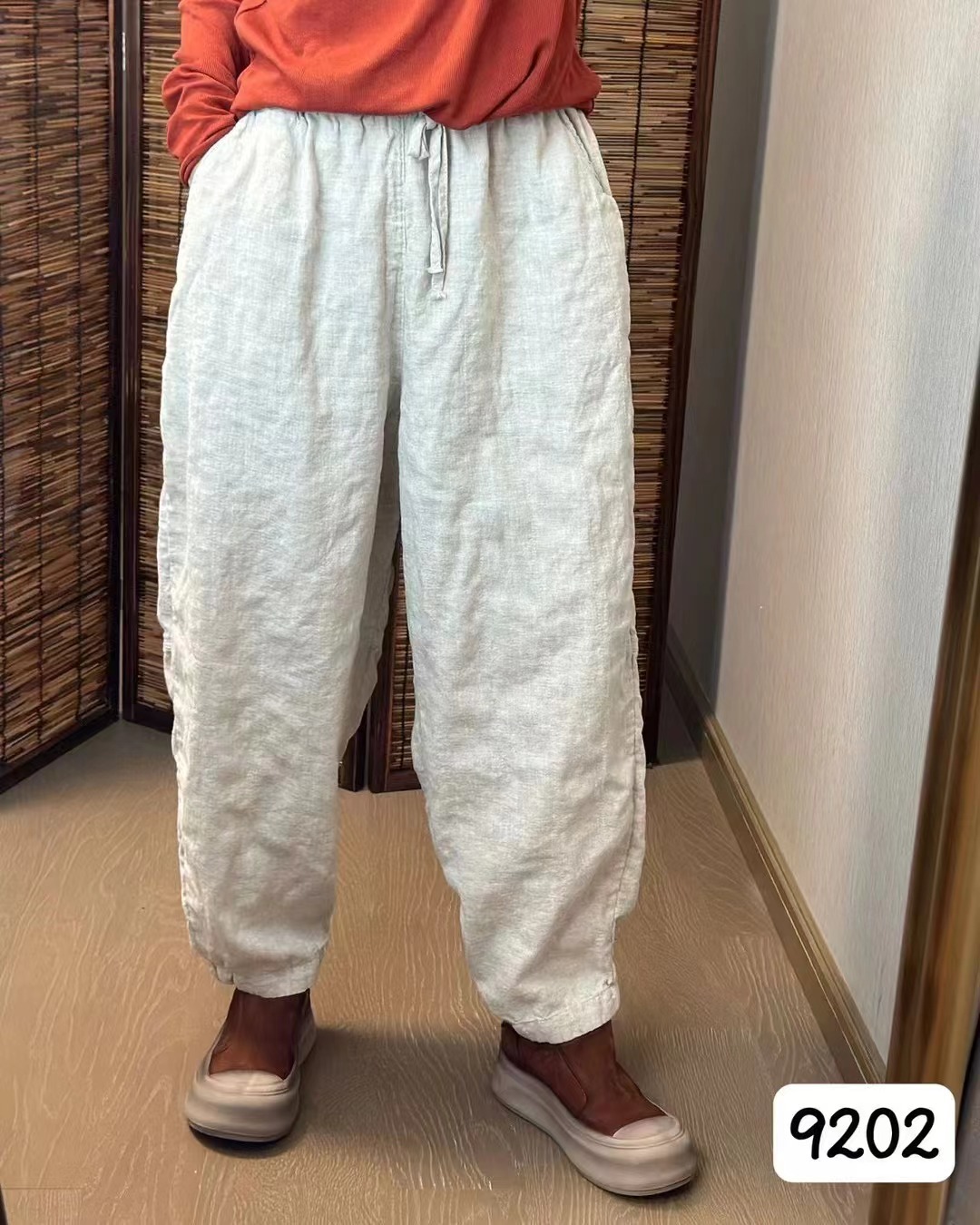 9202高品质沙洗亚麻百搭双层包边裤腰围68-116臀围120长92左右