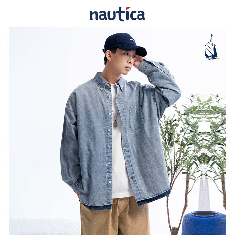 nautica白帆 日系中性简约条纹纯棉长袖衬衫WW4103