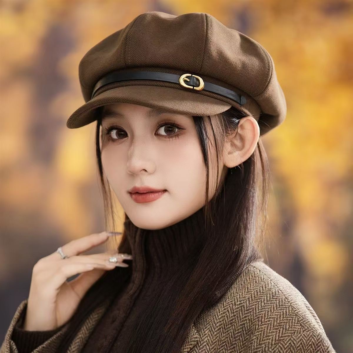 秋冬季新款毛呢八角帽英伦风显脸小画家帽女纯色皮带海军帽子保暖