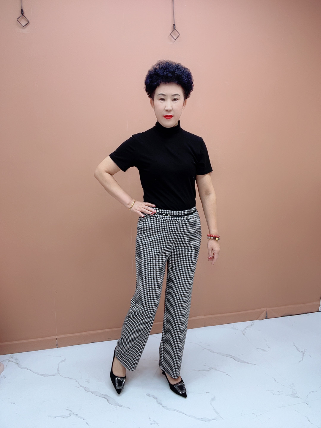 7567秋季欧绒棉直筒裤显瘦高腰百搭时尚休闲格子裤黑白格纹修身