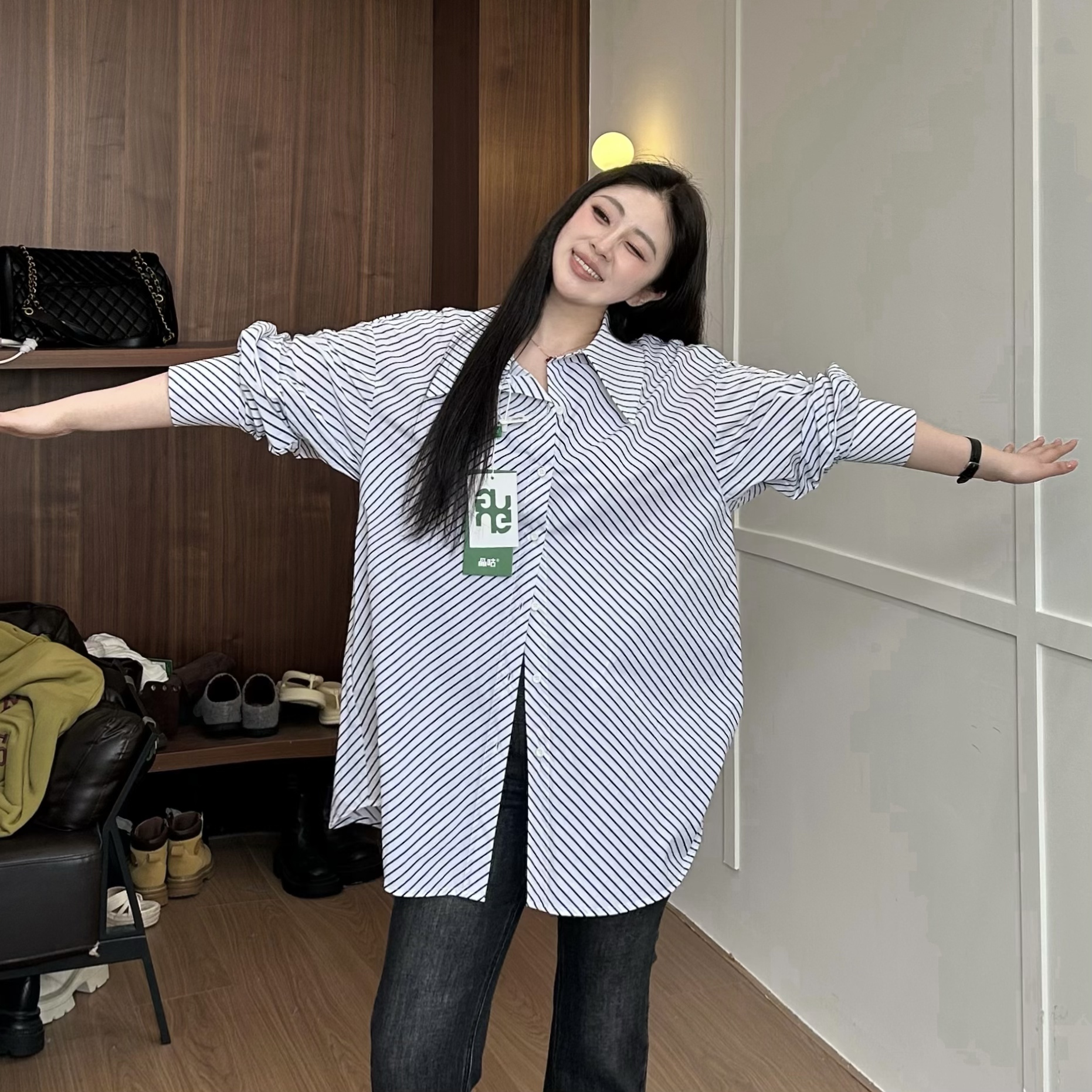 100棉 晶咕 宽松条纹纯色叠穿衬衫气质百搭简约韩版