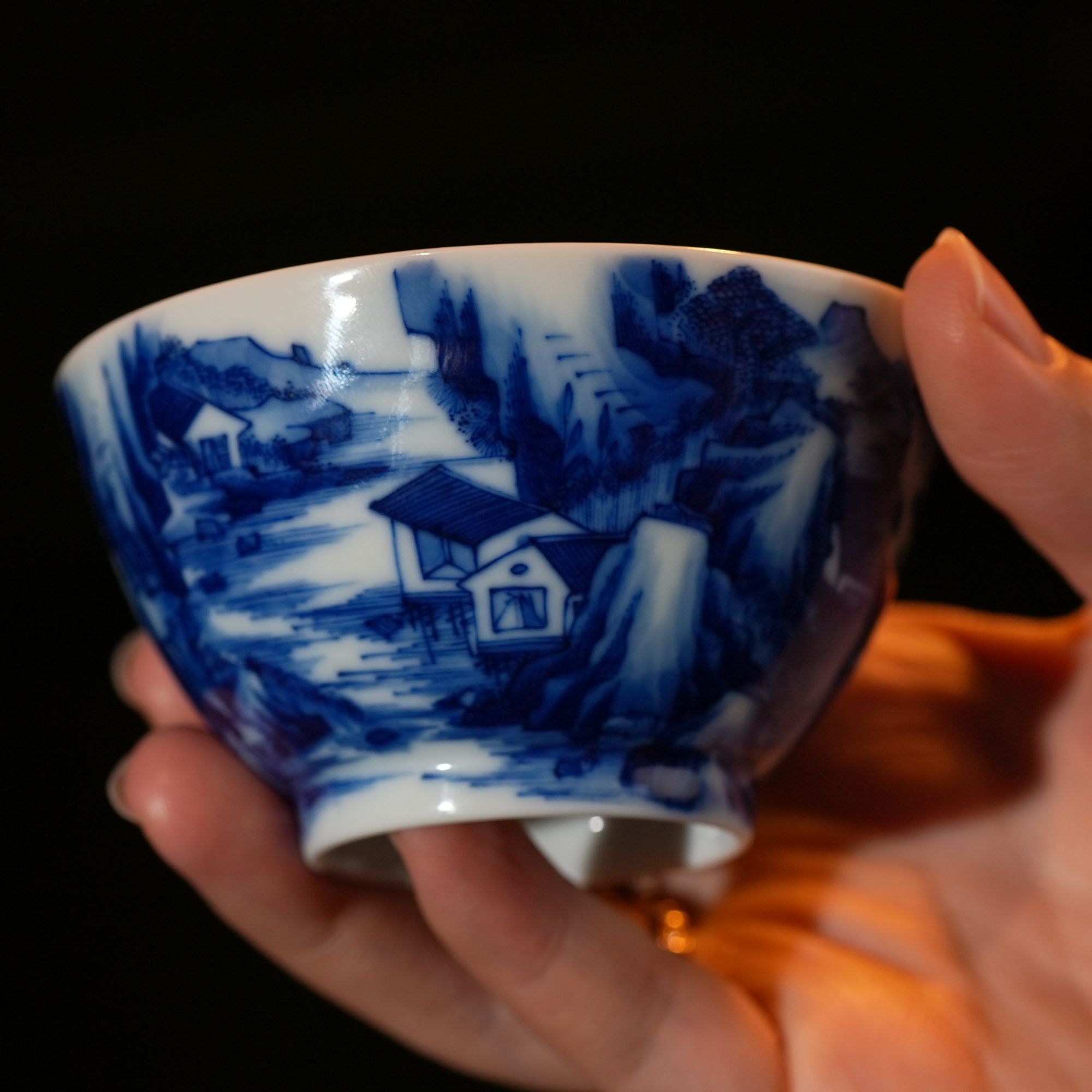 艺林堂誌柴窑青花仿康熙翠毛蓝发色内外满工山水主人杯泡茶陶瓷杯