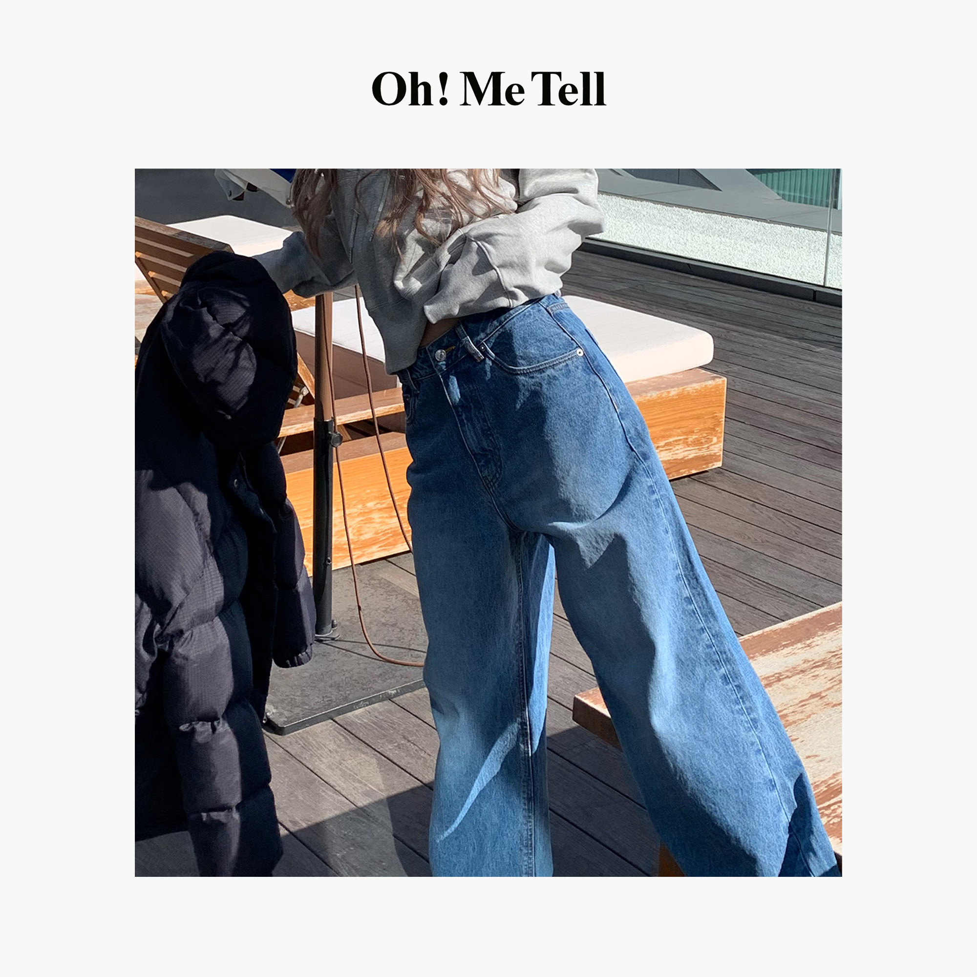 Oh！Me Tell【jennie金智妮同款】直筒阔腿显瘦休闲水洗牛仔裤女    