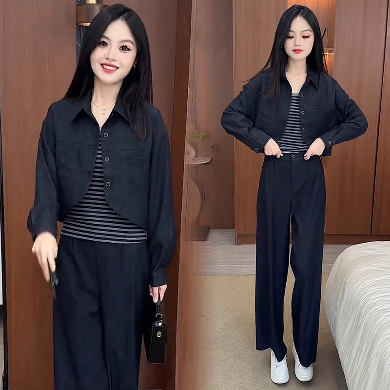 时尚牛仔套装女2025秋季新款洋气显瘦短外套背心阔腿裤减龄三件套