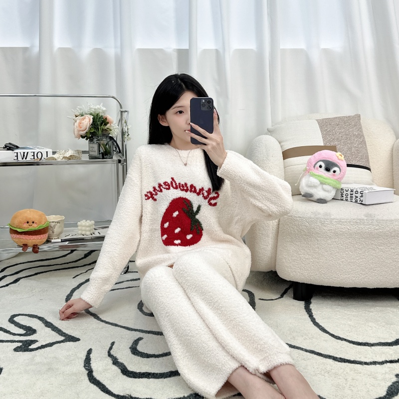 睡衣女士秋冬款冬季半边绒加绒加厚保暖甜美可爱家居服草莓套装女