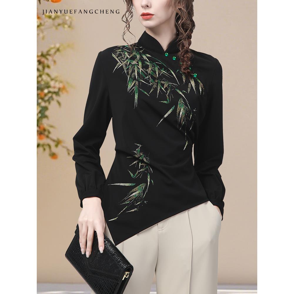YIHUI伊卉新中式印花衬衫上衣女不规则修身打底显瘦衬衣SI257335