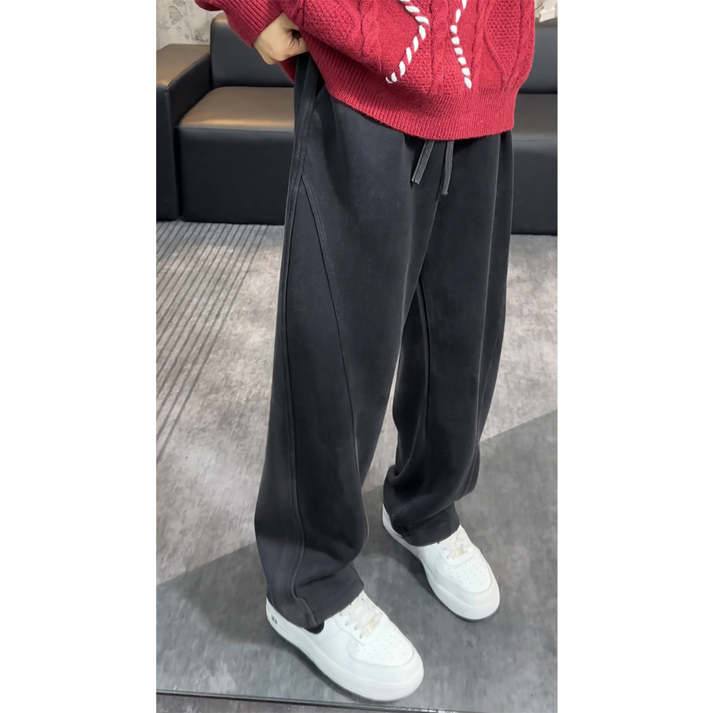 男生慵懒风做旧卫裤男直筒加绒男裤抽绳阔腿弯刀裤宽松水洗运动裤