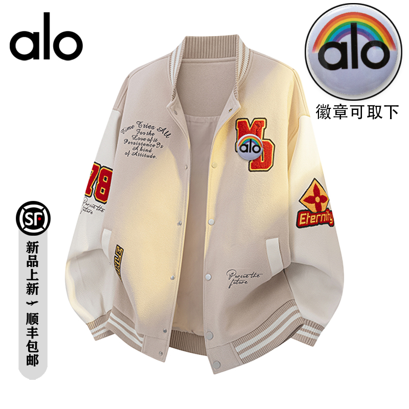 alo潮牌 2025秋冬季棒球服拼接刺绣外套复古美式休闲情侣夹克男