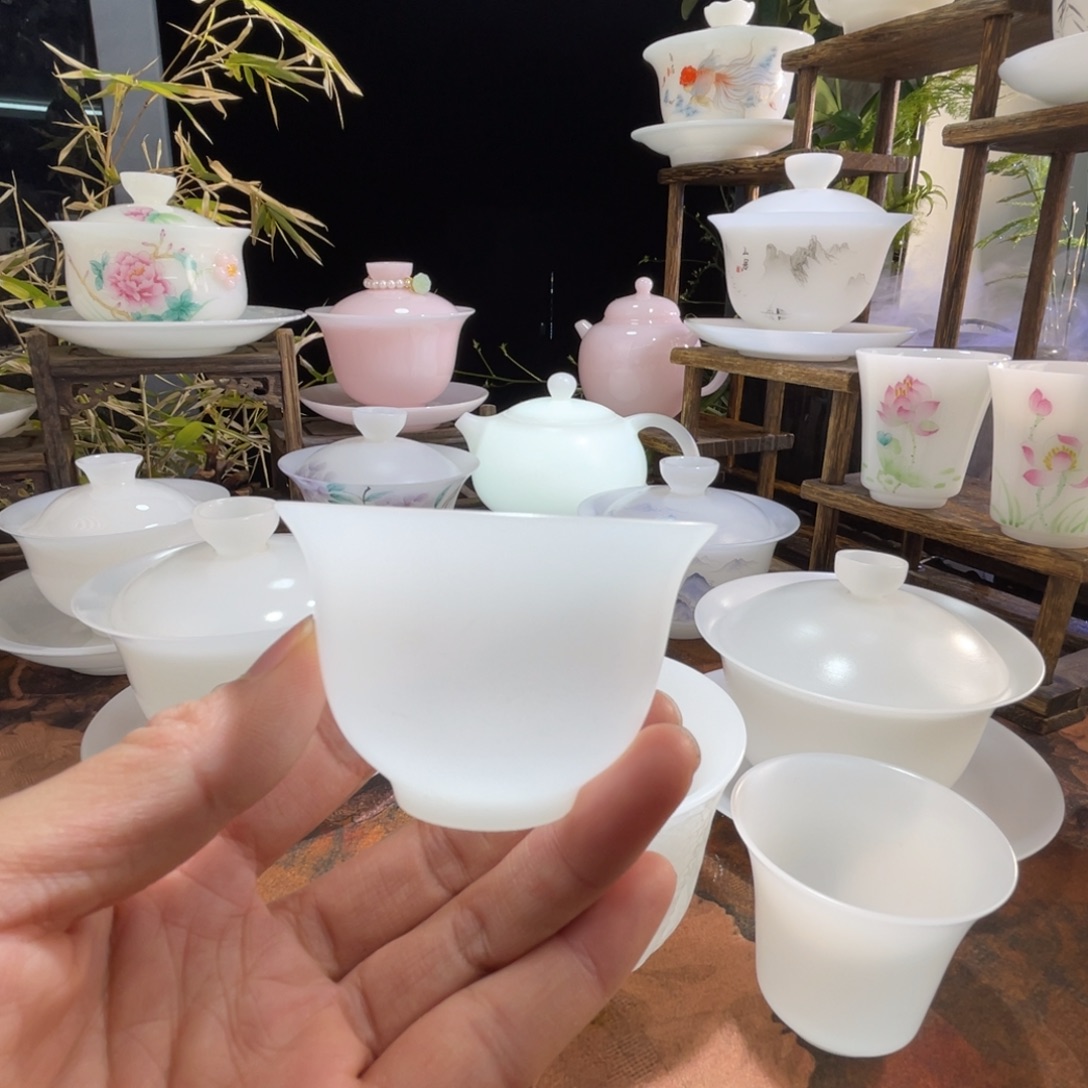 青***山冰晶璞玉素烧铃铛杯纯色2个手绘墨竹2个