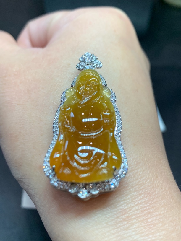 折后缅A翡翠18k真钻吊坠 橙红翡财爷 整44-21-10裸32.5-17.5-5mm