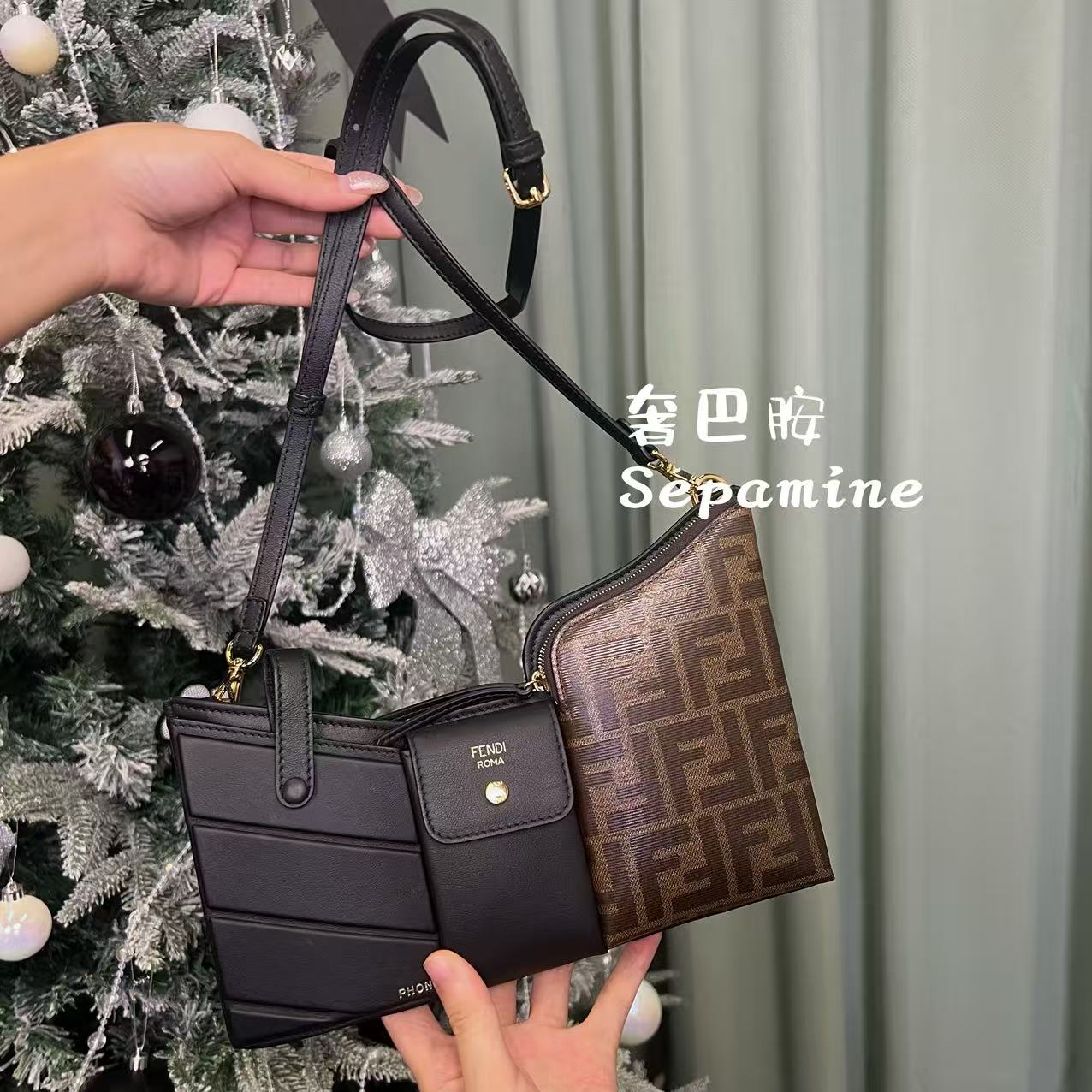 95新 FENDI/芬迪 /Logo老花标志/黑棕色/单肩包
