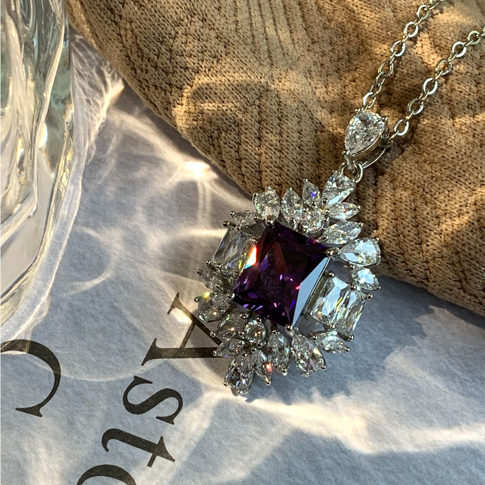 钛钢锆石项链 B4113-紫色满砖坠项链