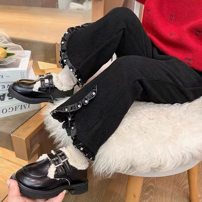 小女孩花边钉钻加绒喇叭裤2024秋冬新款女宝宝时髦洋气百搭休闲裤