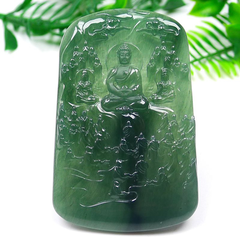 天然A货翡翠冰润满色万众求佛大日如来佛祖吊坠尺寸65.5-43-5mm